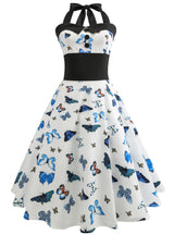 Butterfly Print White Halter Vintage Dress