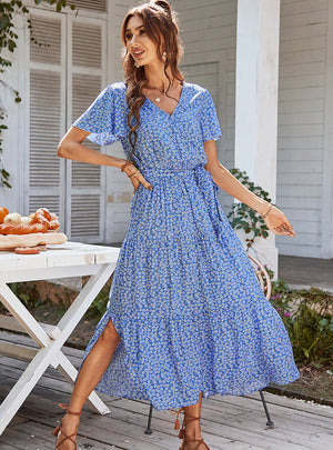 Women V-neck Printed Long Dress