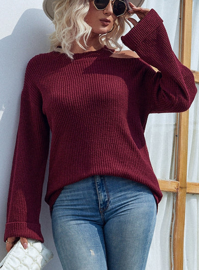 Sleeve Round Neck Shoulder-leaking Sweater