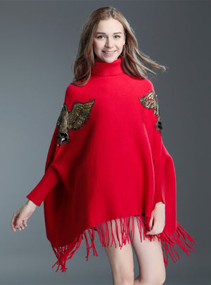 Pearl Cape Shawl Female Turtle Neck Knitted Pullover