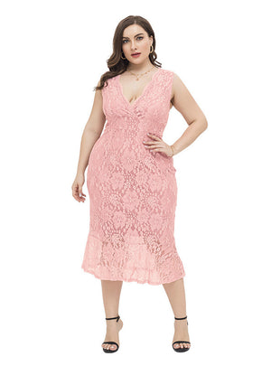Sexy Pink Sheath Lace V-neck Party Dress