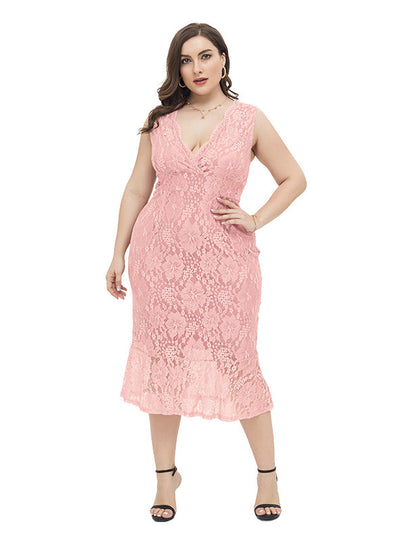 Sexy Pink Sheath Lace V-neck Party Dress