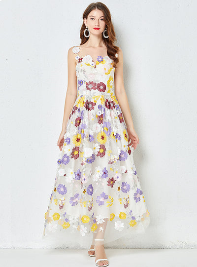 Embroidery Floral Sling Long Dress