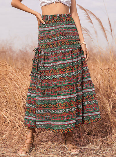 National Wind Print Lace-up Skirt