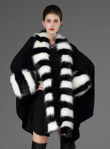Loose Fox Like Fur Collar Knitted Shawl Cape Coat 