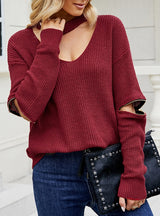 Zipper Sleeve Solid Color V-neck Sweater