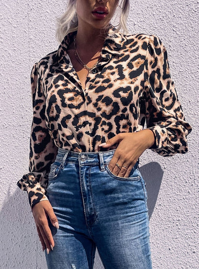 Long Sleeve Lapel Leopard Print Shirt
