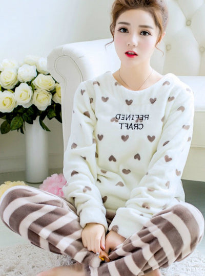 Heart Pyjamas Sets Thick Warm Coral Velvet Suit 