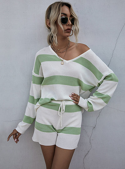 Fashion Stitching Sweater Shorts Suit