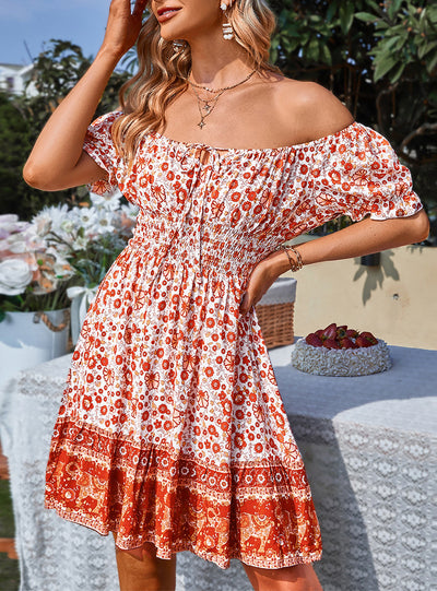 Off the Shoulder Bohemia Print Dress