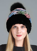 Women's Rex Fur Hat Fox Fur Ball Wool Hat