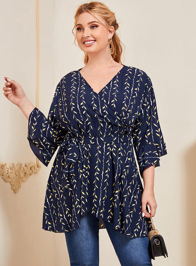 V-neck Trumpet Sleeve Printed Slim Top