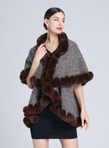 Wool-padded Faux Rex Rabbit Fur Collar Shawl Cape Loose