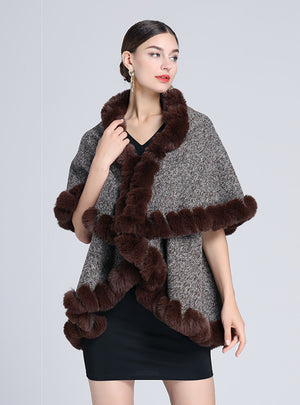 Wool-padded Faux Rex Rabbit Fur Collar Shawl Cape Loose