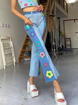 Embroidered Flower Pattern Color Matching Jeans