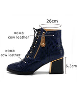 Ankle Boots Genuine Leather Pointed Toe Thick Heels