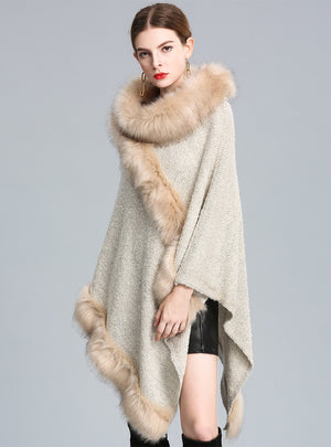 Knitted Pullover Imitating Fox Fur Collar Shawl Cape