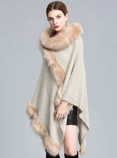 Knitted Pullover Imitating Fox Fur Collar Shawl Cape
