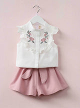 Children Heart Shirt+Bow Shorts Suit 2pcs Kids Floral Bow 
