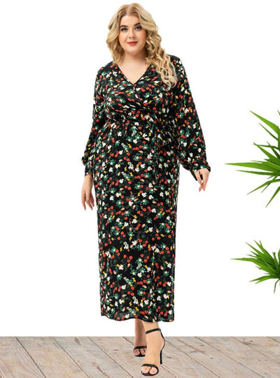 Large Size Long Sleeve Floral Split Dress