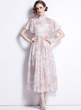 Collar Print Lotus Leaf Sleeve Pleated Dress