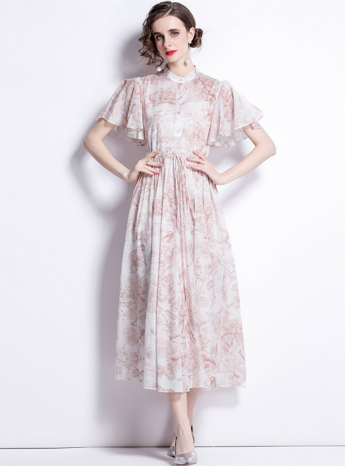Collar Print Lotus Leaf Sleeve Pleated Dress