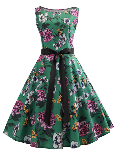 Green Flower Print Sleeveless Vintage Dress