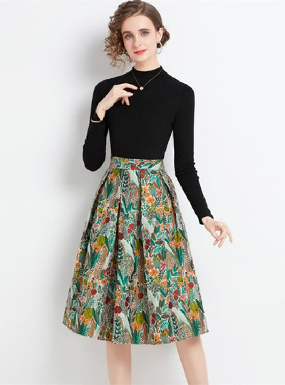 Knitted Jacquard Print Skirt Two-piece Suit