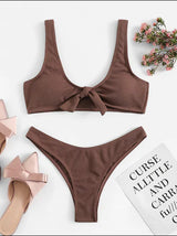 Women Brown Ribbed Knotted Bralette Bikini Set