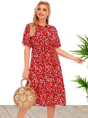 Large Size Short Sleeve Shirt Collar Printed Dress