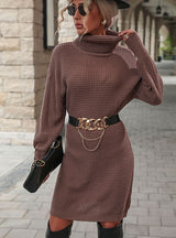 Retro Solid Color Turtle Neck Knitted Dress