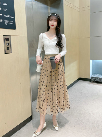 Mosaic Flocking Bow Gauze Skirt