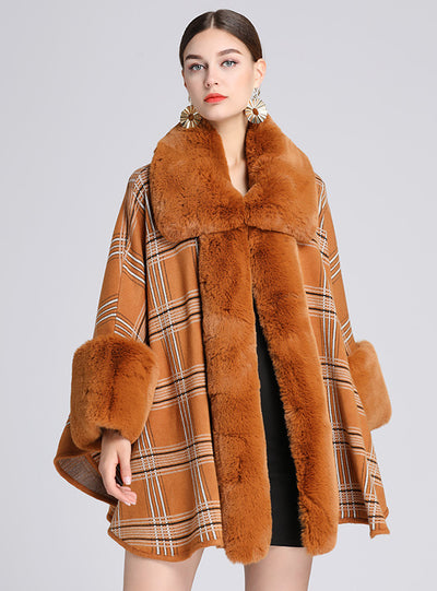 Wool Collar Plaid Shawl Cape Large Lapel Loose