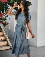 Women Simple Solid Color Dress With Belt