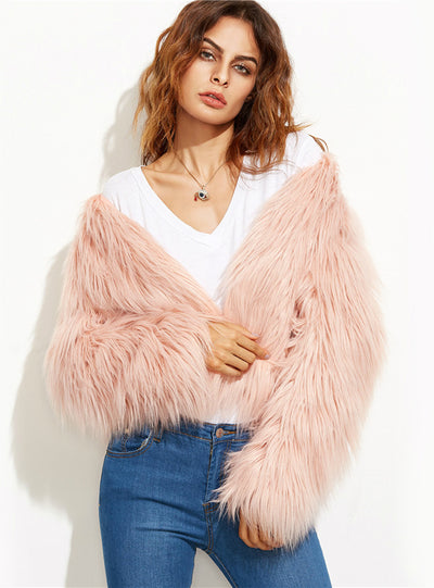 Faux Fur Pink Winter Coat Women Elegant Collarless