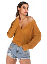 Solid Color V-neck Bat Sleeve Sweater