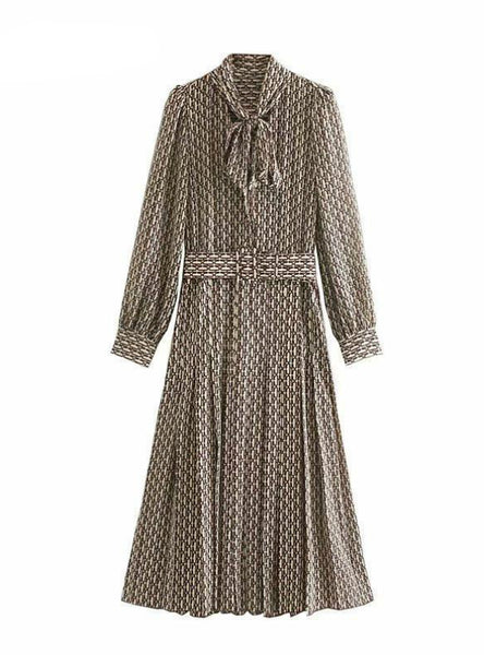 Women Elegant Belt Chain Print Bow Tie Neck Long Dress