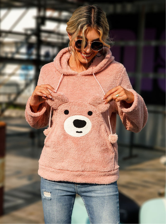 Hooded Long Sleeve Fleece Bear Pattern Top