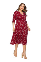 V-neck Short Sleeve Printed Big Swing Pocket Dress