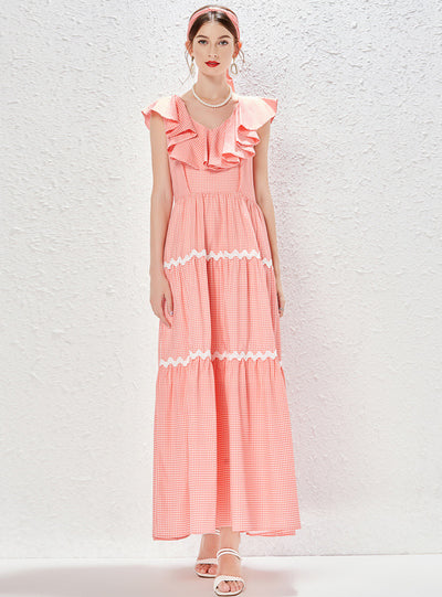 Plaid V-neck Ruffled Stitching High Waist Dress