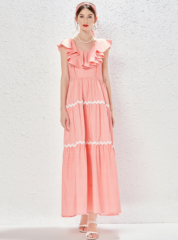 Plaid V-neck Ruffled Stitching High Waist Dress