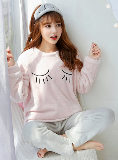 Eyelash Sleepwear Thin Flannel Pajamas Set for Girl