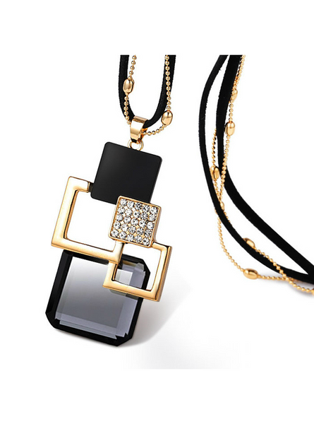 Sweater Chain Length Crystal Pendant Necklace