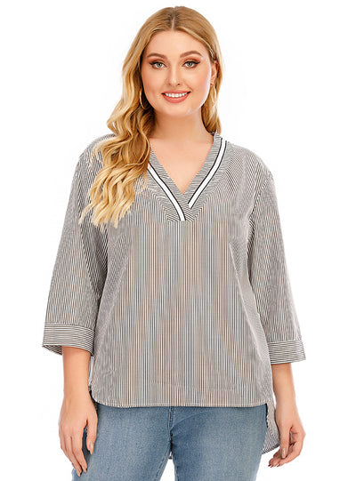 V-neck Cropped Sleeve Dovetail Stripe Splicing T-shirt