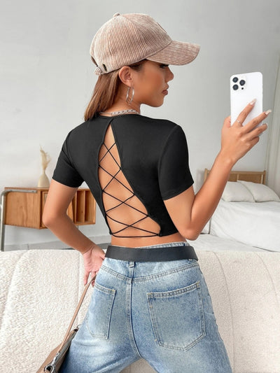 Sexy Backless Short Sleeve Slim T-shirt Top