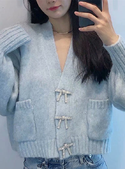 Women Fashion Rhinestone Buttons Loose Knitted Cardigan