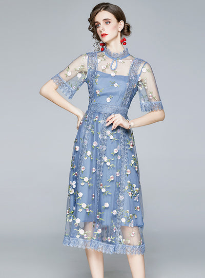 Gauze Perspective Embroidered Flower Stitching Dress
