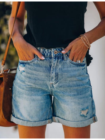Five-point Holes Curling Edges Denim Shorts