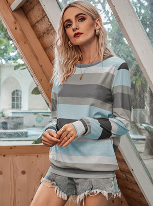 Multicolor Round Neck Striped Long Sleeve T-shirt