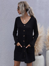 Loose Long-sleeved Slim V-neck Knitted Dress